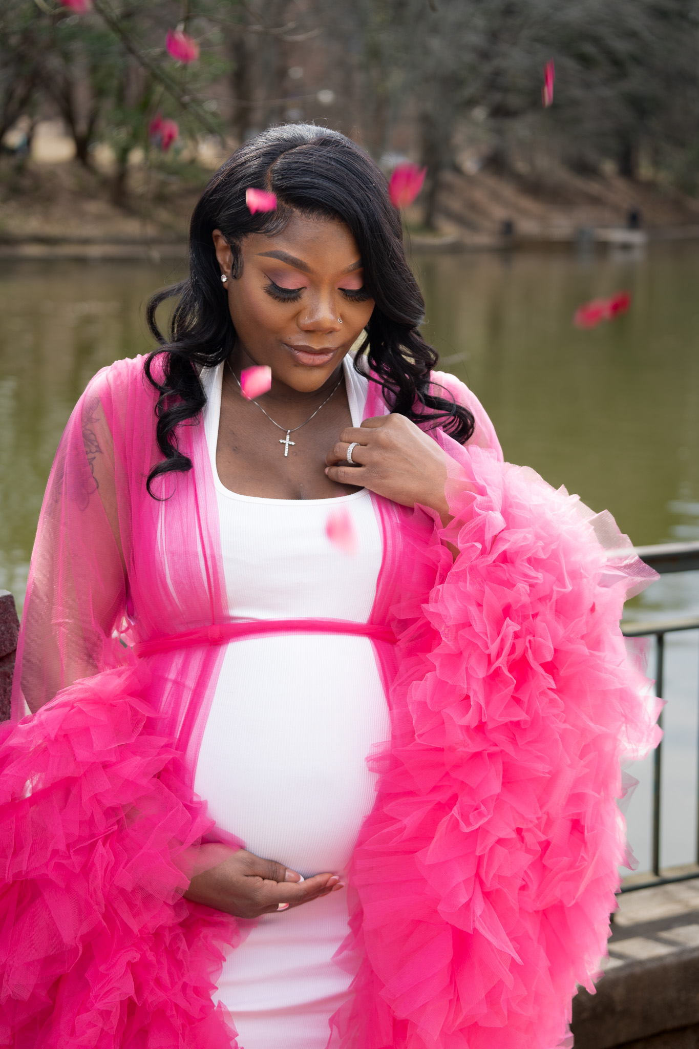 Maternity portrait in flowing pink tulle