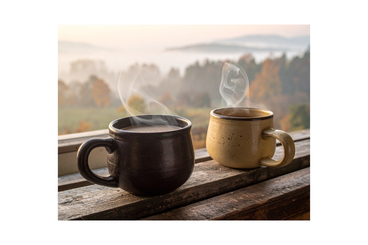 Two steaming mugs on a wooden ledge with misty morning landscape